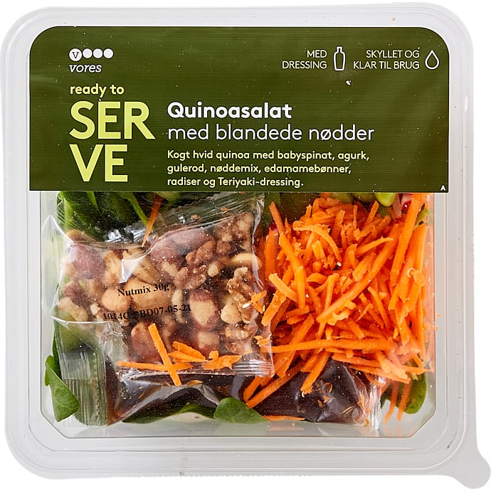Quinoasalat m. nødder, babysalat, edamamebønner og teriyaki-dressing – produktbillede