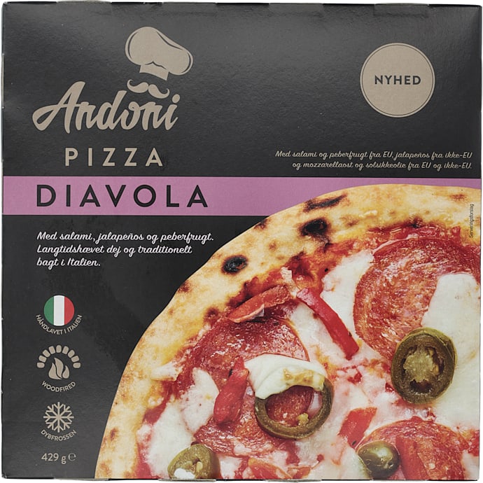 Pizza m. salami, jalapenos og peberfrugt