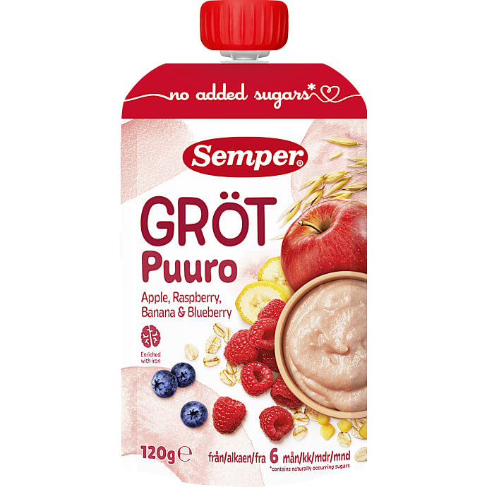 Grødsmoothie m. æble, hindbær, banan og blåbær fra 6 mdr. – produktbillede