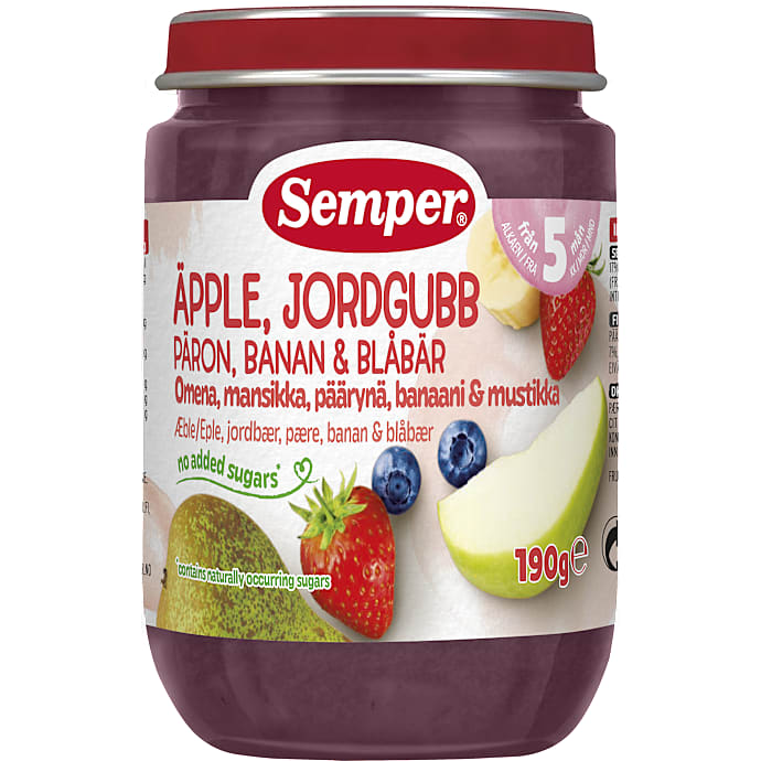 Frugtmos m. jordbær æble pære banan og blåbær