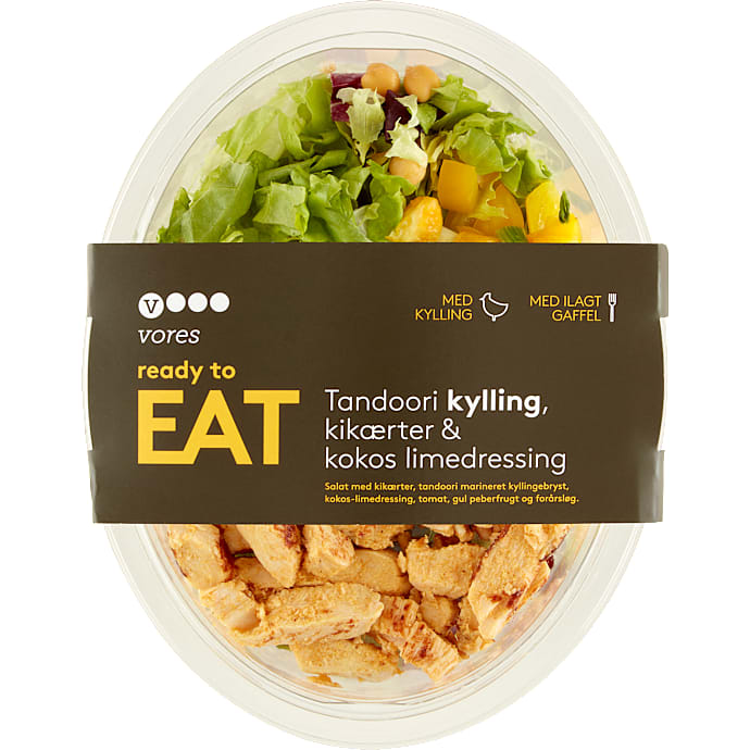 Salat m. kikærter, tandoori kylling og kokos-limedressing