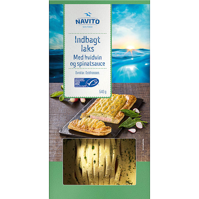 Indbagt laks m. hvidvin og spinatsauce