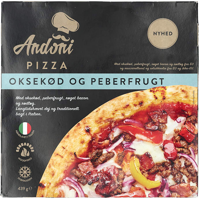 Pizza m. oksekød, peberfrugt, røget bacon og rødløg