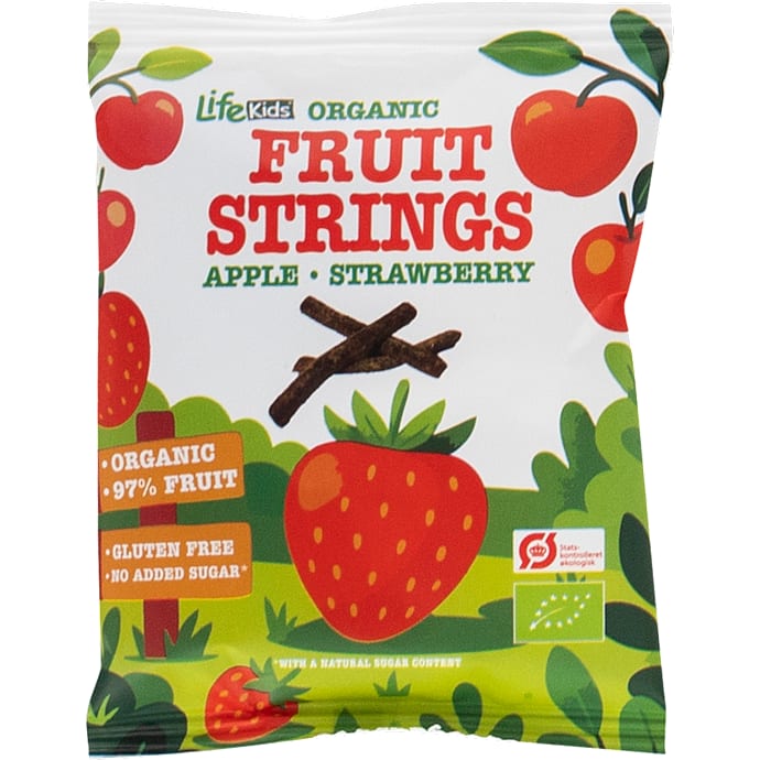 Fruit Strings frugtsnacks m. æble og jordbær øko – produktbillede