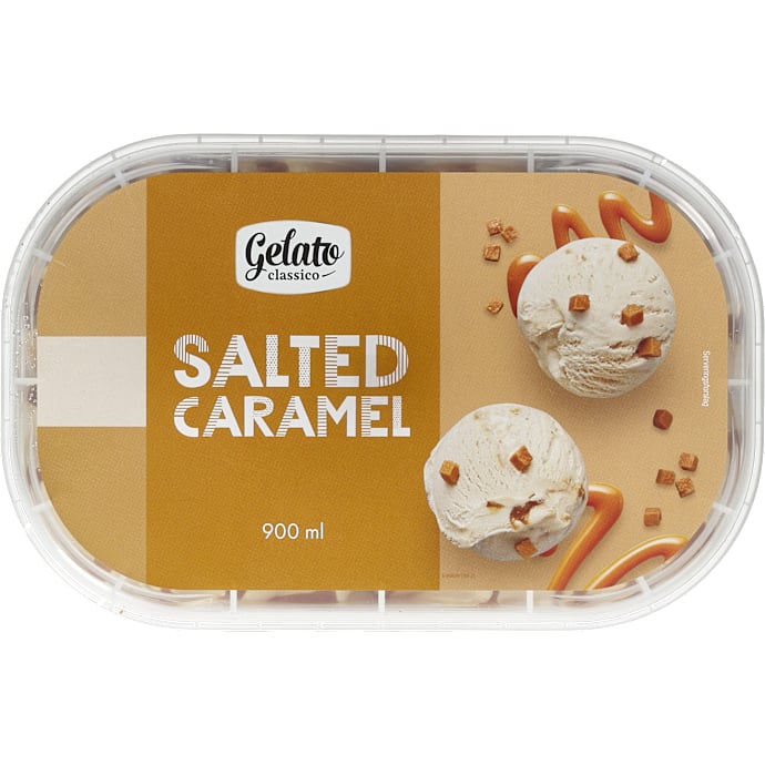 Mækeis m. saltkaramelsauce og karamelstykker – produktbillede