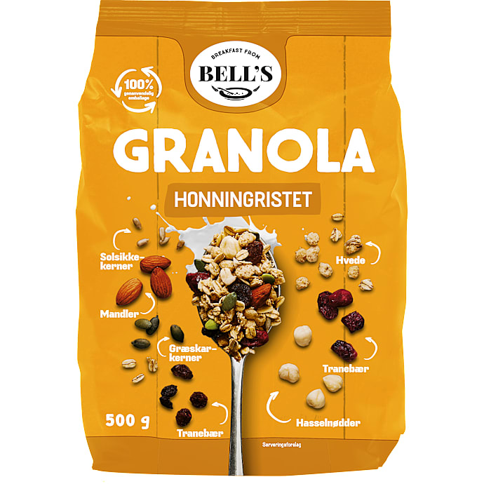 Honningristet granola m. mandler, tranebær og kerner