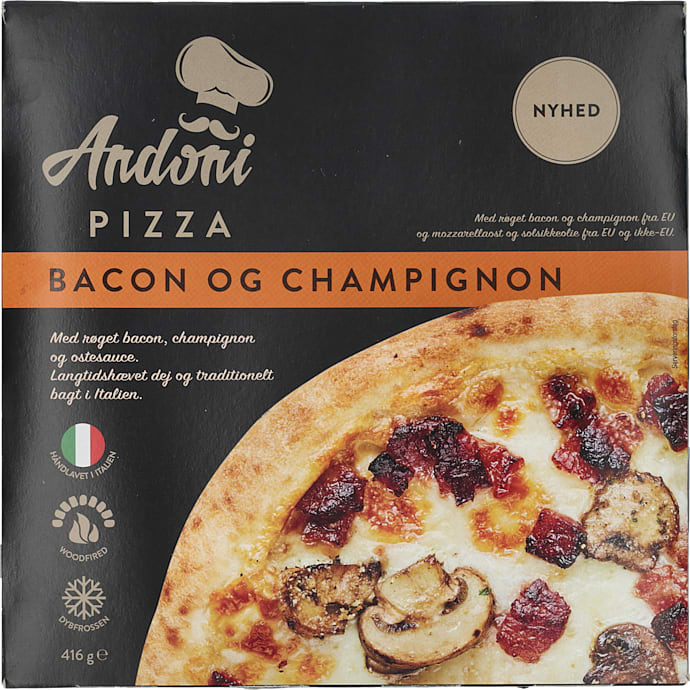Pizza m. røget bacon, champignon og ostesauce