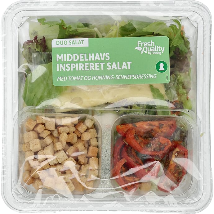 Middelhavs inspireret salat m. tomat og honning-sennepsdressing – produktbillede