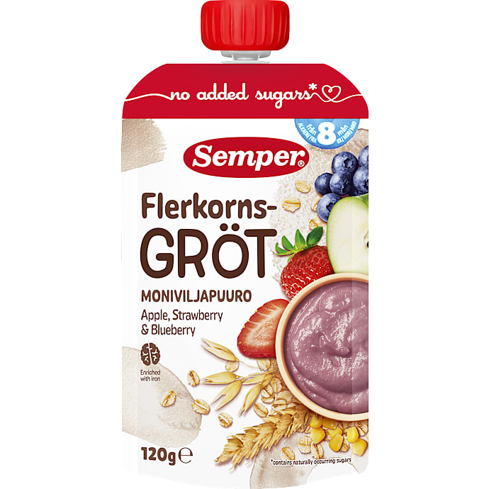 Flerkornsgrød m. æble, jordbær og blåbær