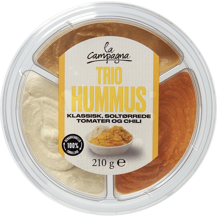 Trio hummus m. soltørrede tomater og chili