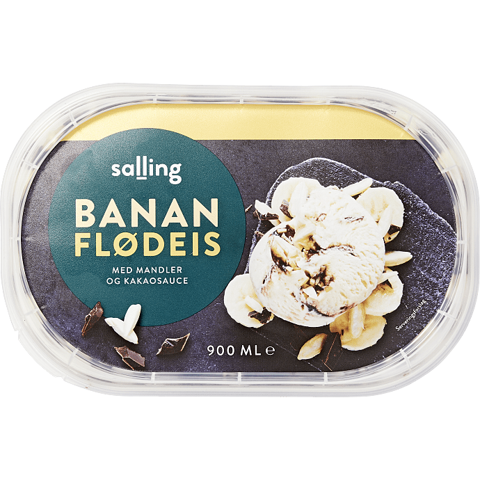 Flødeis m. banansmag, mandler og kakaosauce