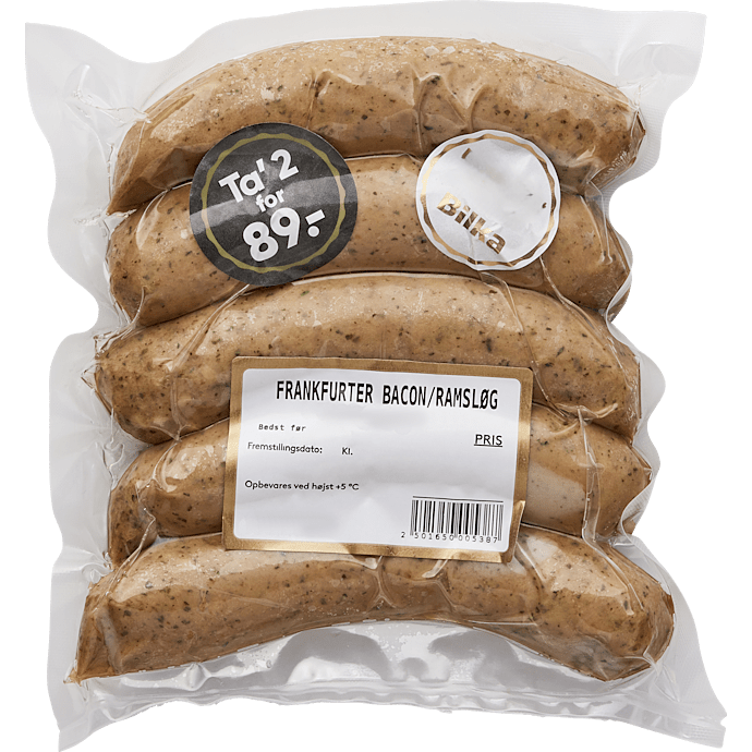 Frankfurter m. bacon og ramsløg
