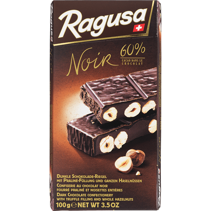 Mørk chokolade 60% kakao m. nougatfyld og hasselnødder