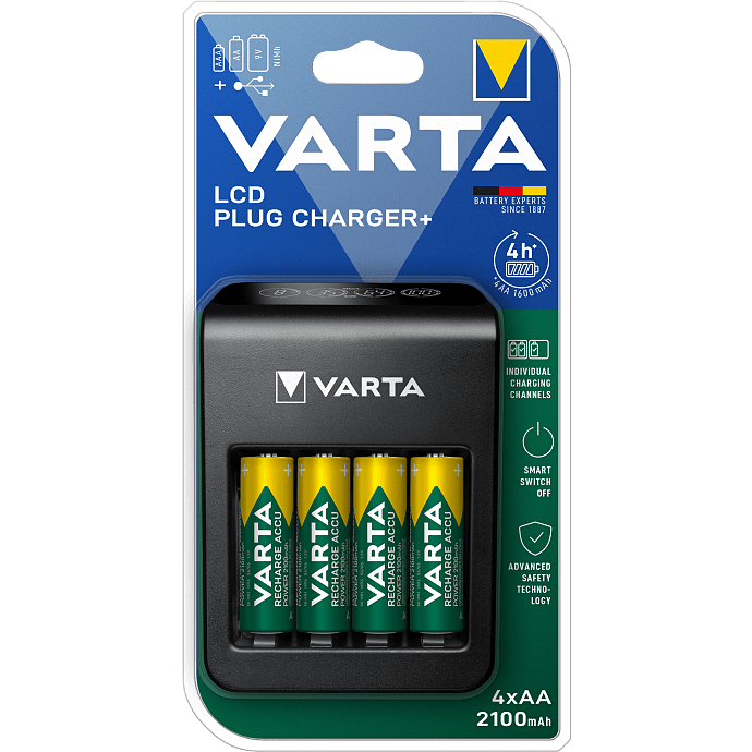Varta LCD oplader til AA/AAA/9V inkl. 4 AA 2100mAh genopladelige batterier