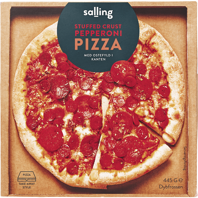 Pizza m. pepperoni og ostefyldt kant