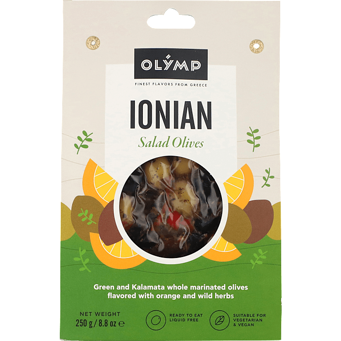 Grønne og kalamata oliven m. sten m. appelsin- og urtemarinade