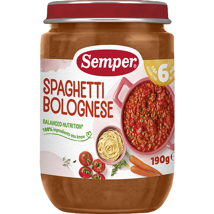 Mos m. spaghetti bolognese fra 6 mdr.