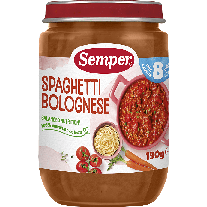 Mos m. spaghetti bolognese fra 8 mdr.