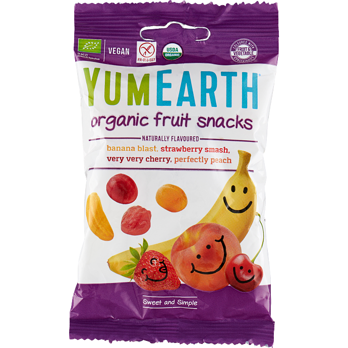 Frugtsnack m. smag af banan, jordbær, kirsebær og fersken øko