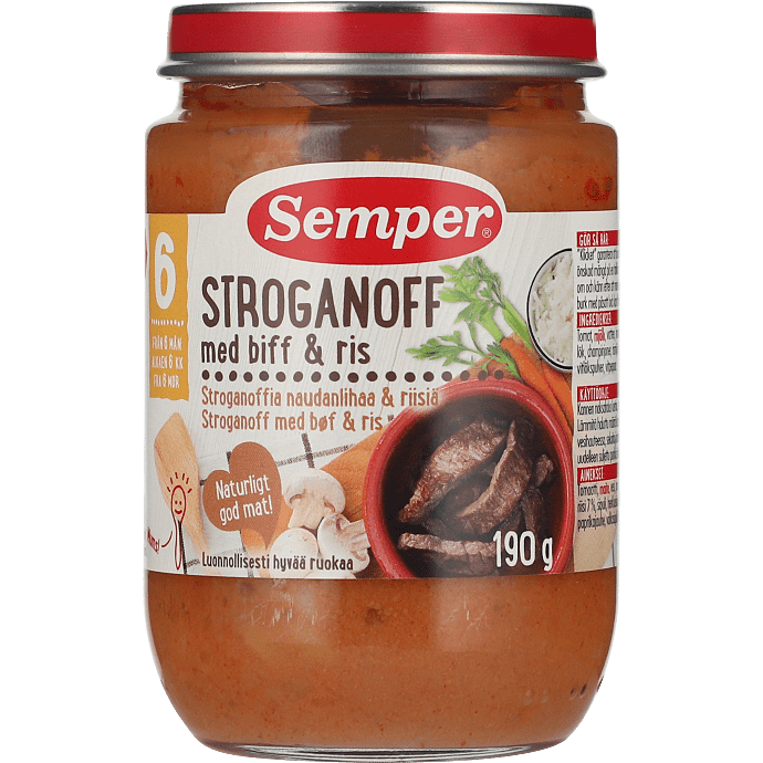 Mos m. bøf stroganoff og ris fra 6 mdr.