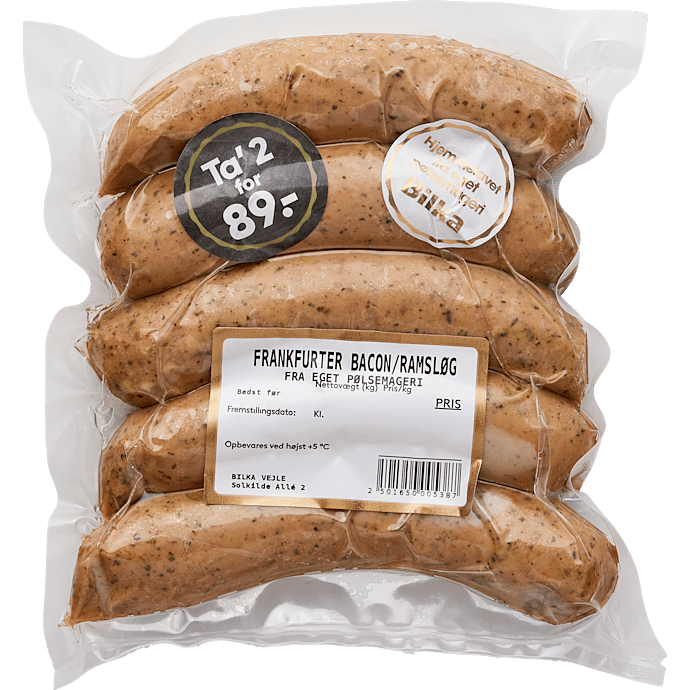 Frankfurter m. bacon og ramsløg
