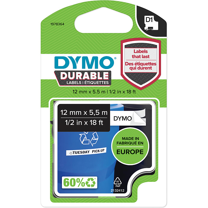Dymo D1 durable 12 mm x 5,5 meter sort/hvid
