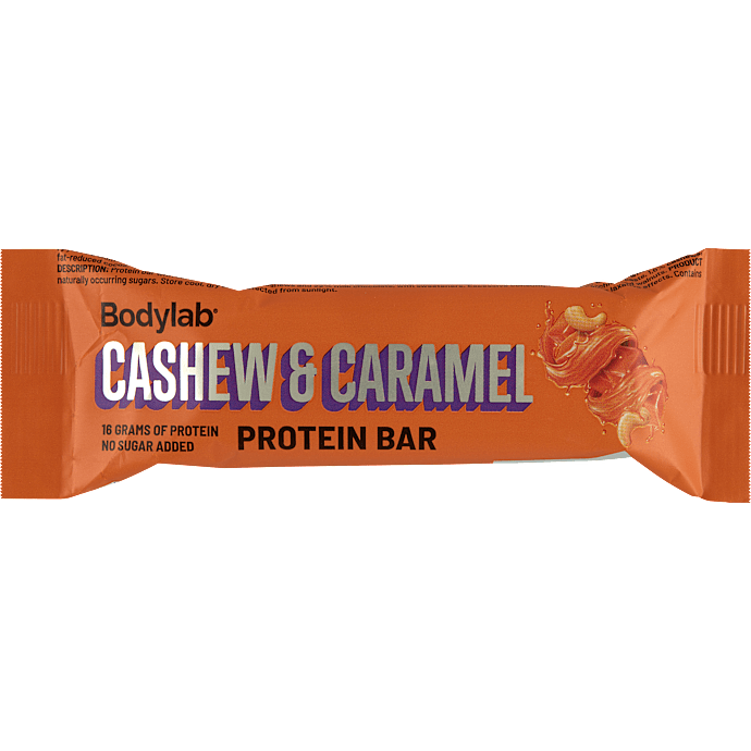 Proteinbar m. karamel, sojacrispises og cashewnødder