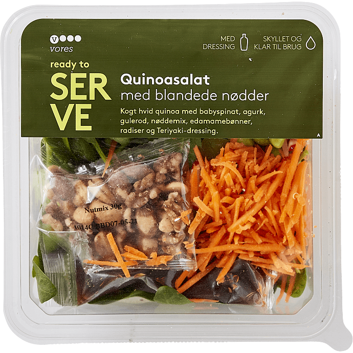 Quinoasalat m. nødder, babysalat, edamamebønner og teriyaki-dressing