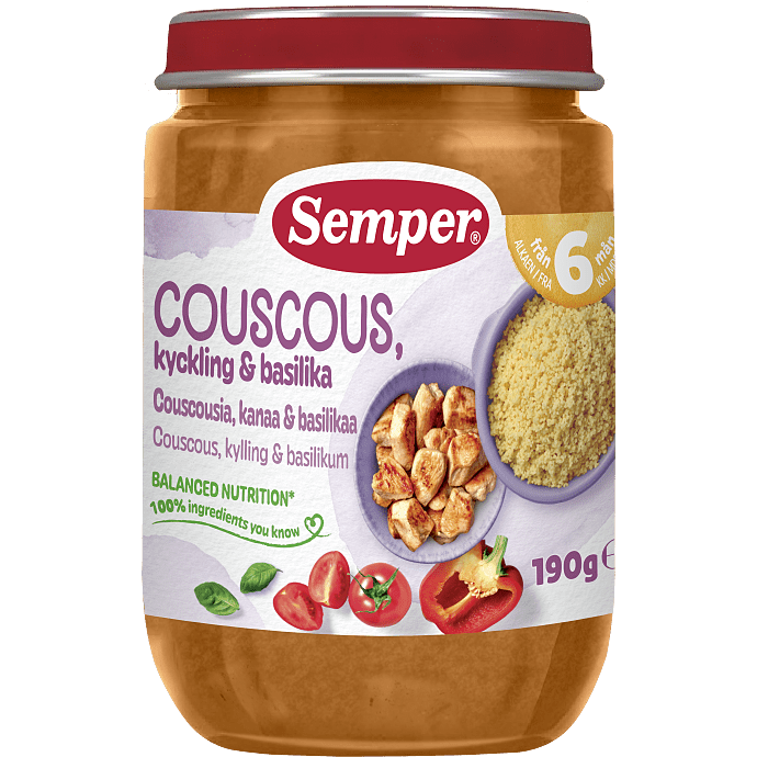 Mos m. couscous, kylling og basilikum fra 6 mdr.
