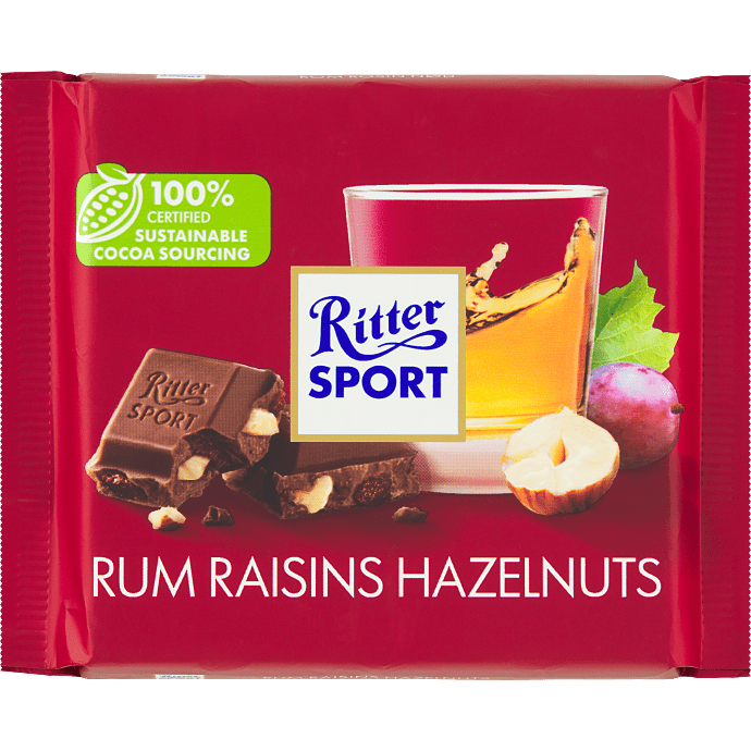 Mælkechokolade m. rom, rosiner og hasselnødder