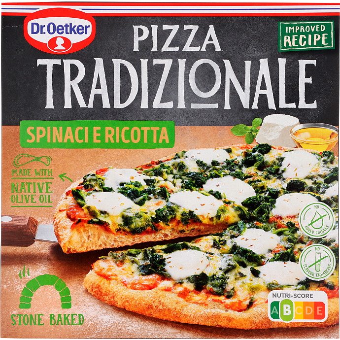 Pizza m. mozzarella, ricotta og spinat