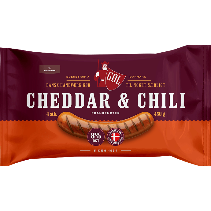 Frankfurtere m. cheddar og chili 70% kød
