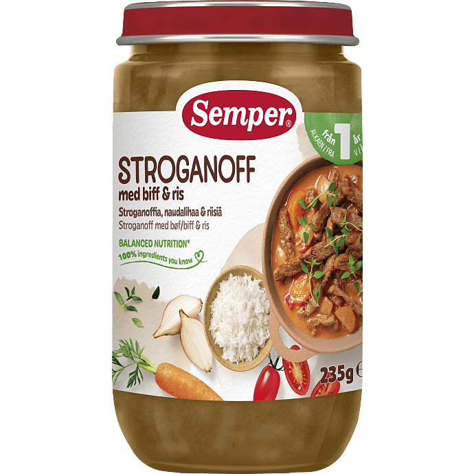 Mos m. bøf stroganoff og ris fra 12 mdr.