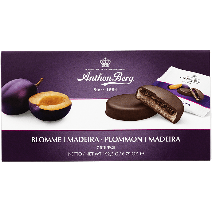 Fyldt mørk chokolade m. marcipan og blomme i madeira