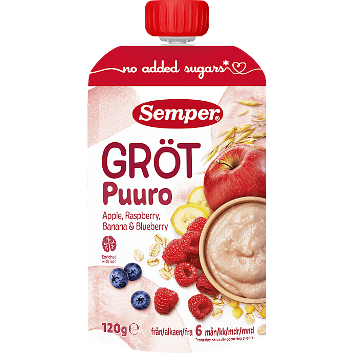 Grødsmoothie m. æble, hindbær, banan og blåbær fra 6 mdr.