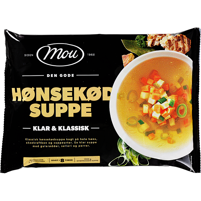 Klar hønsekødssuppe m. gulerødder, selleri og porrer