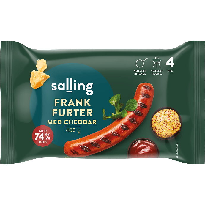 Frankfurtere m. cheddar 74% kød