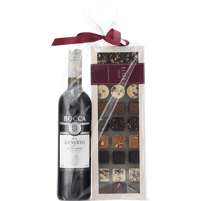 Gaveæske m. vin og fyldte chokolader