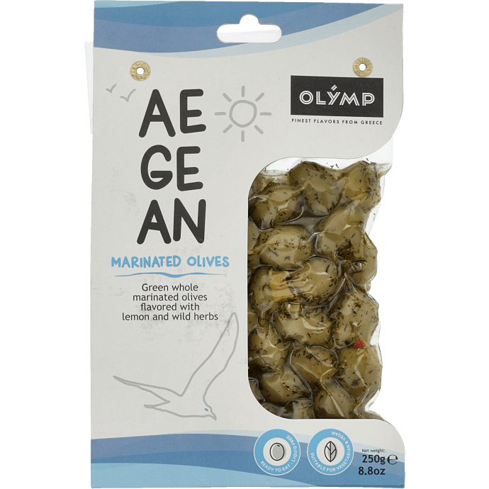 Grønne oliven m. sten m. citron- og urtemarinade