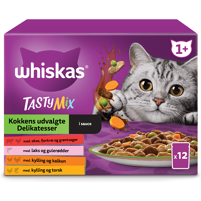 Vådfoder i sovs m. okse/fjerkræ, laks/gulerødder, kylling/kalkun og kylling/torsk
