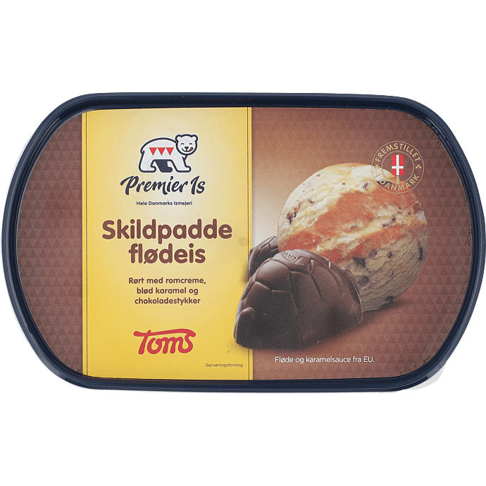Flødeis m. romsmag, karamelsauce og chokoladestykker