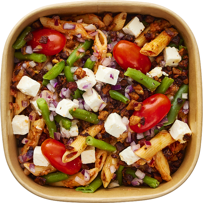 Rød pastasalat m. bacon og salatost