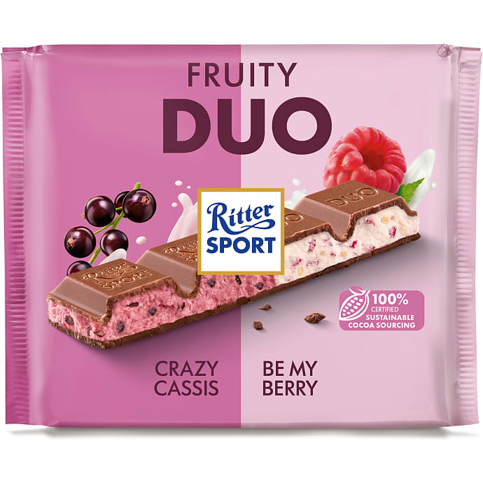 Mælkechokolade m. yoghurt, solbær og hindbær