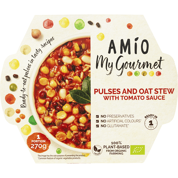 Gryderet m. bælgfrugter, havre og tomatsauce vegansk øko