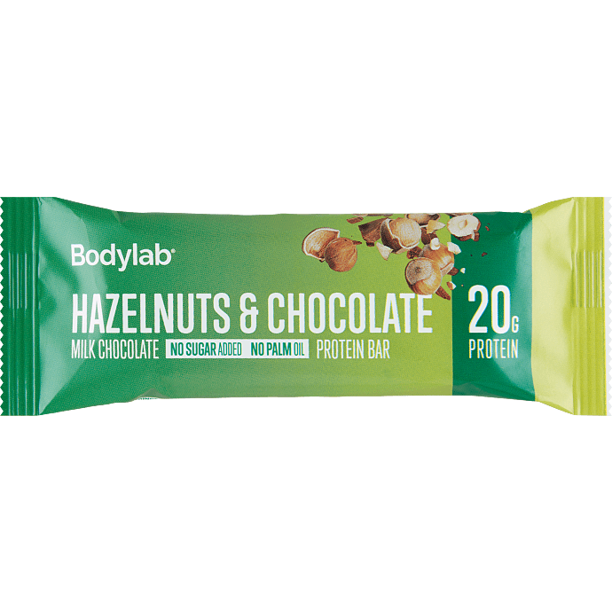 Proteinbar m. hasselnødder og mælkechokolade u. tilsat sukker