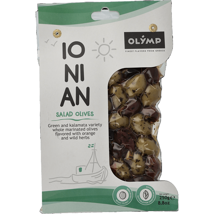 Grønne og kalamata oliven m. sten m. appelsin- og urtemarinade