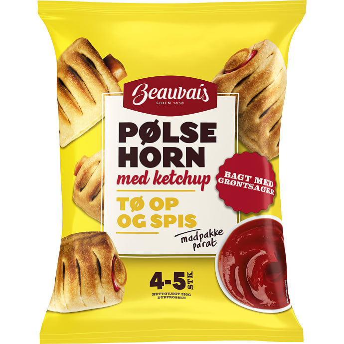 Pølsehorn m. 35% grøntsager og ketchup