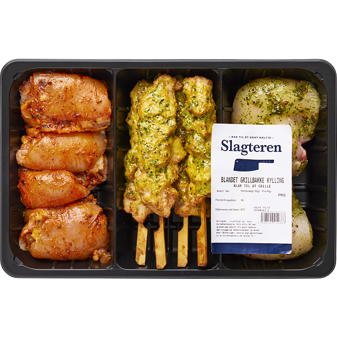 Grillbakke m. kyllingelår, kyllingespyd og kyllingefilet