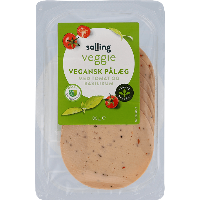 Vegansk pålæg i skiver m. tomat og basilikum