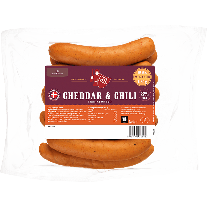 Frankfurtere m. cheddar og chili 70% kød